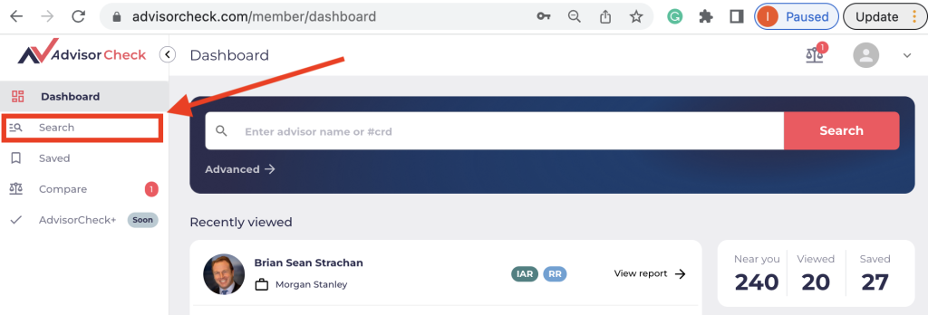 How to Search for a Financial Advisor Using the Search Bar in the Dashboard of AdvisorCheck