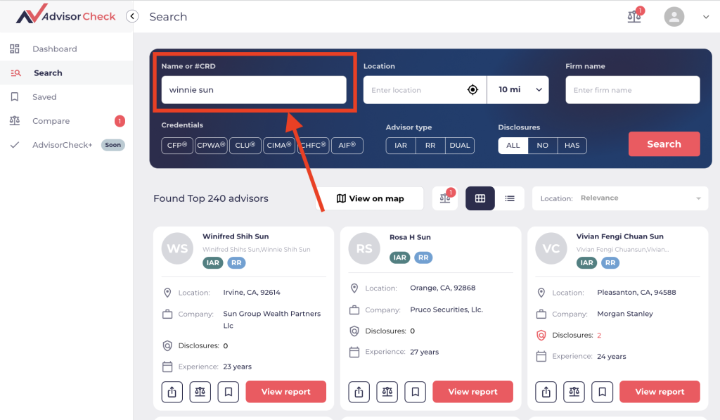 How to type in the name, CRD, location, or firm name to locate your financial advisor or financial professional using AdvisorCheck