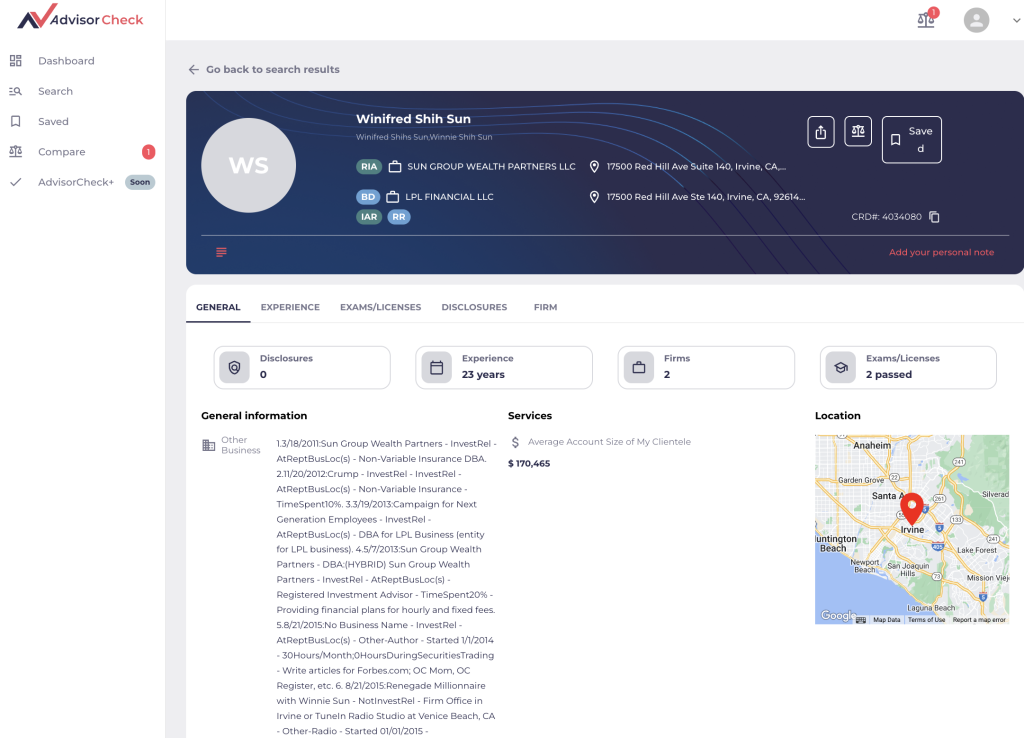 What the General Information Tab in AdvisorCheck reveals for a financial advisor or finance professional's background data, which reveals disclosures, experience, firms, exams, services, location and other businesses.