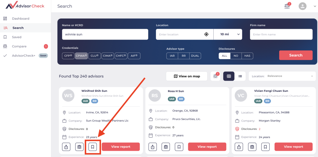 Once a financial advisor or finance professional is found in the AdvisorCheck system, you click on the bookmark button to save your advisor or potential advisor to your dashboard