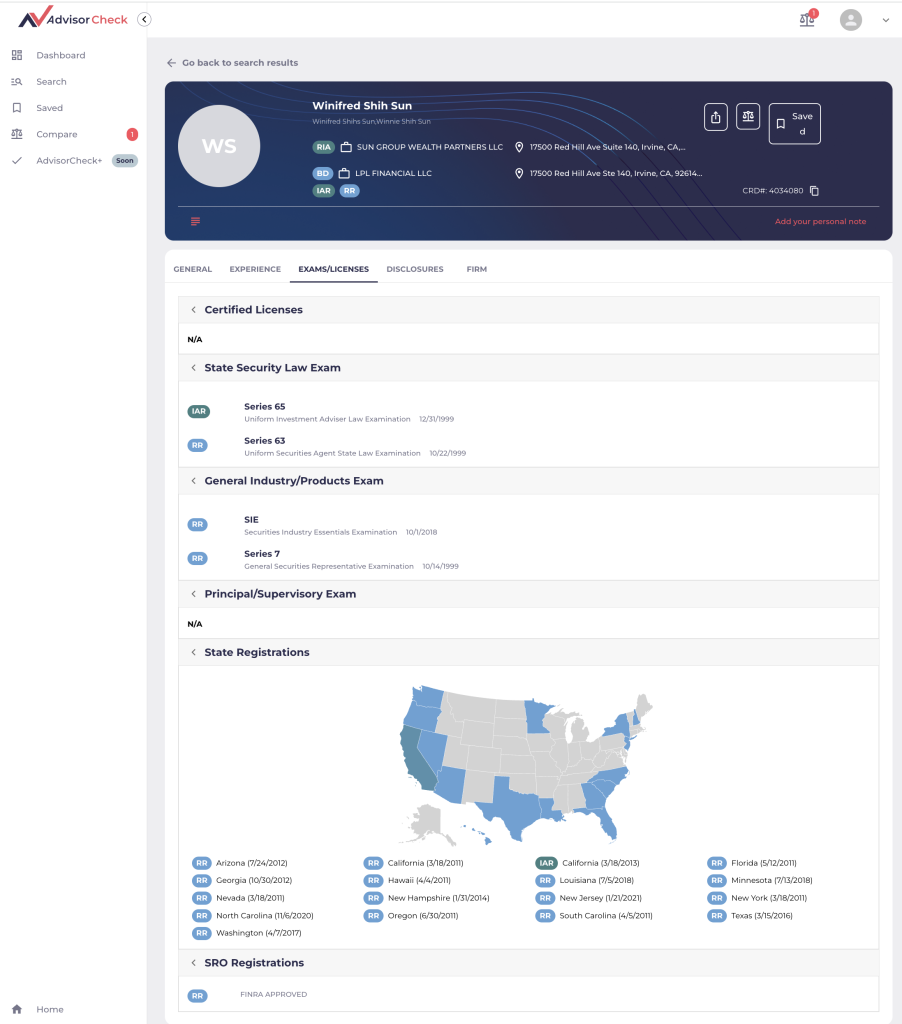 What the Exams/Licenses Tab in AdvisorCheck reveals for a financial advisor or finance professional's series 6, 7, 63, 66, SIE and more, along with what states they are registered in.