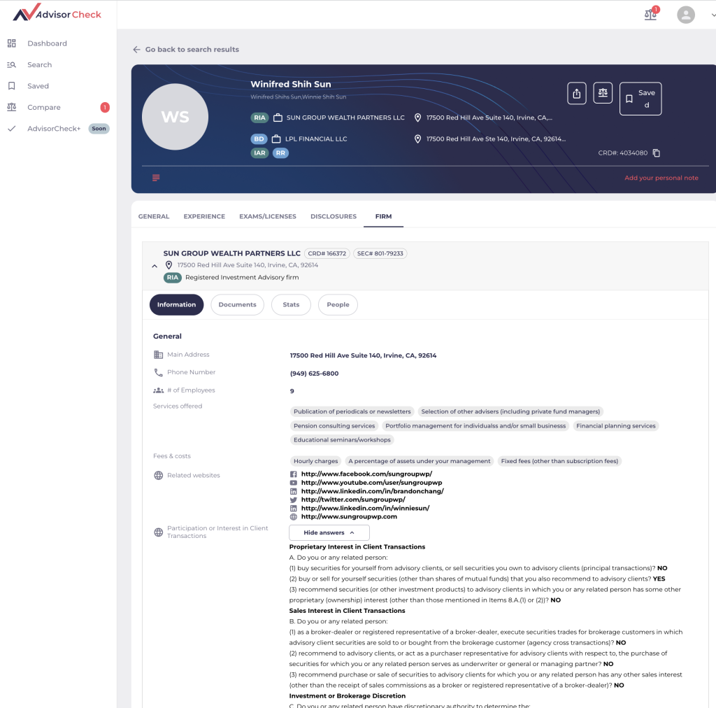 The AdvisorCheck Firm Information page displays the registered investment advisory firm or broker dealer's address, phone number, number of employees, services offered, fees and costs, related websites, and answers to participation or interest in client transactions.