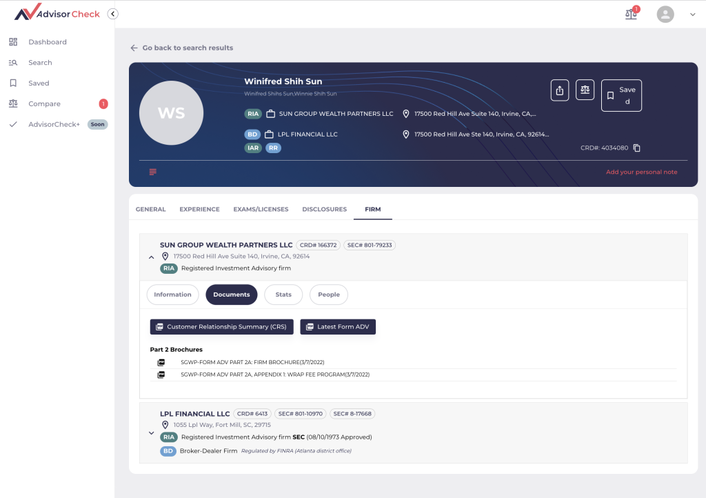 The firm documents page in AdvisorCheck will show you documented related to the company, such as the Customer Relationship Summary (CRS), Form ADV, brochures and more.