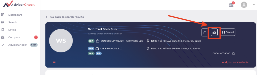 The scale button displayed on a financial advisor's profile, which allows you to compare an advisor in AdvisorCheck.