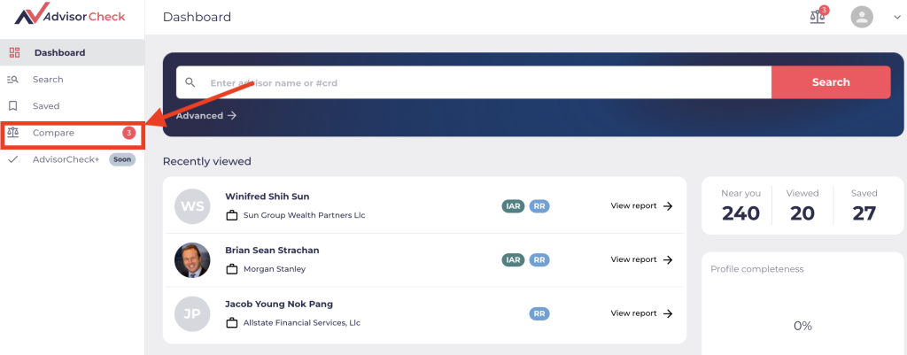 Where to find the compare button for the compare a financial advisor tool in AdvisorCheck