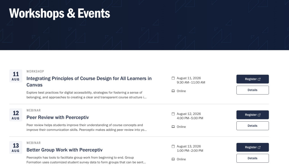 Screenshot of the Learning Tech Events page