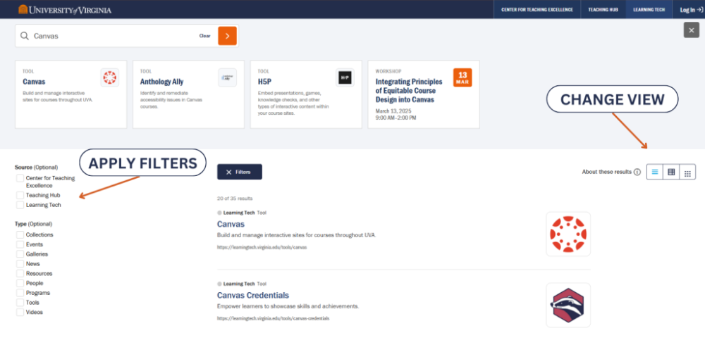 Screenshot of the search results on Learning Tech when entering Canvas as the keyword