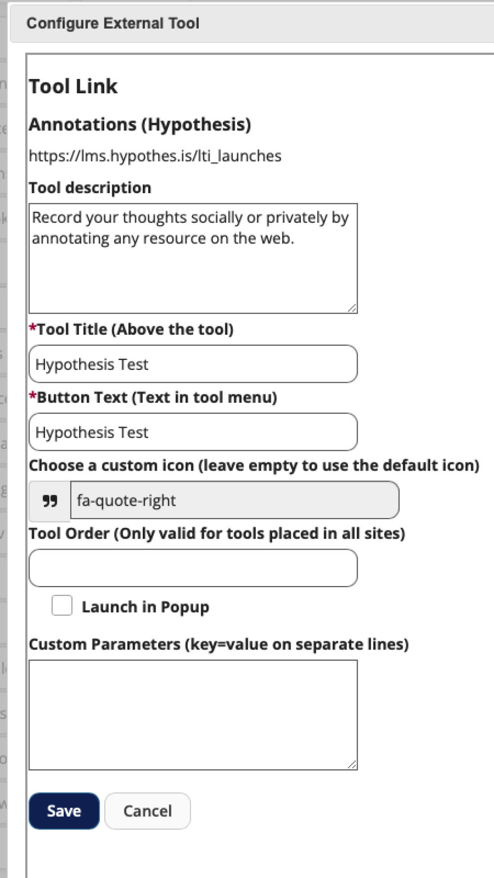 An image of the Configure External Tool page, with text entered in the Tool description, Tool Title, and Button Text fields.