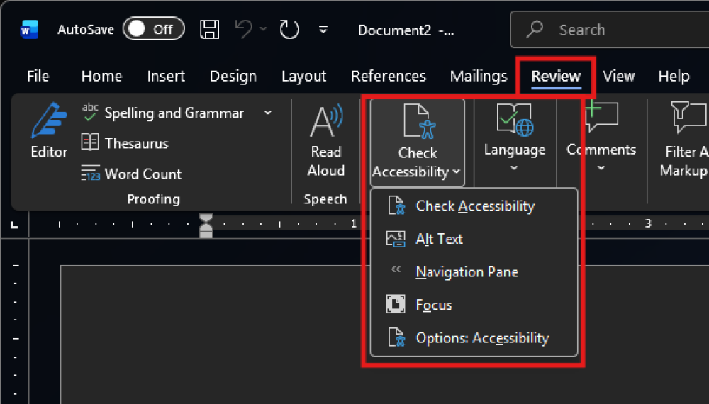 The ribbon in Microsoft Word, with the Review menu and Check Accessibility icon highlighted and expanded.