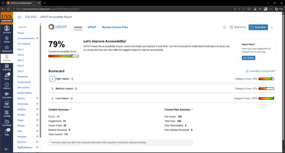 Screenshot of the U-DO-IT main dashboard, showing the main tabs (Home, U-FIX-IT, Review Course Files), as well as a Course Accessibility Score of 79%, and the scorecard categories "High Impact," "Medium Impact," and "Low Impact."