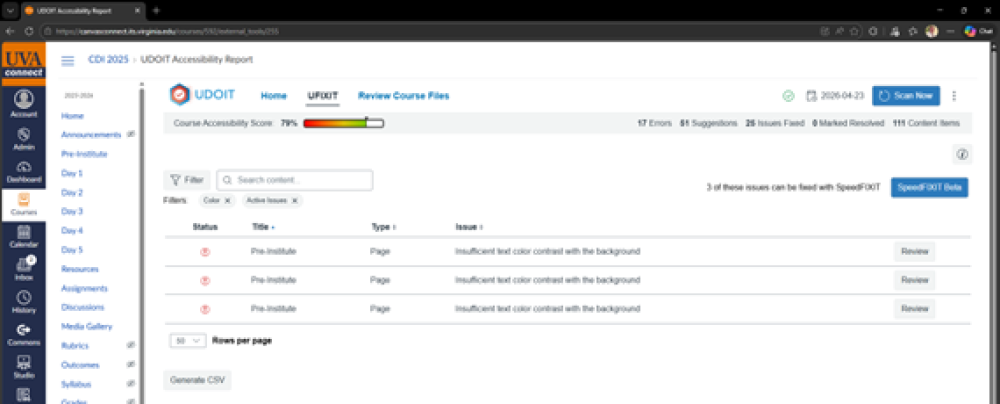 Screenshot of a U-FIX-IT issue list filtered to Active Issues of issue type "Color," showing three instances of insufficient color contrast with the background. There is a red exclamation mark icon to the left and a Review button to the right of each listed issue.