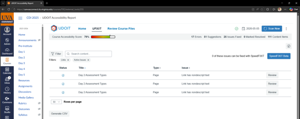 Screenshot of a U-FIX-IT issue list filtered to Active Issues of issue type "Links," showing three instances of nondescript link text. There is a blue information mark icon to the left and a Review button to the right of each listed issue.
