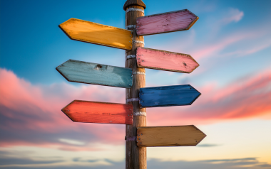 Different colored signposts, pointing in different directions