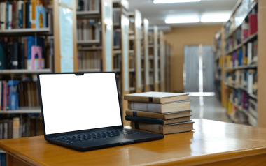 Stack of books with laptop on table in a library.