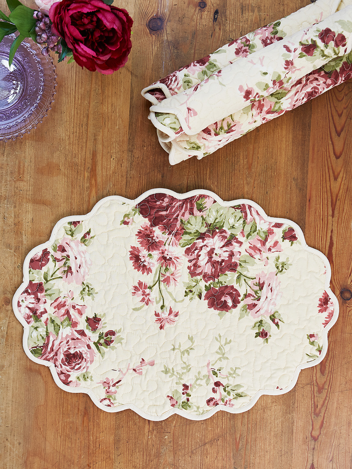 Cottage Rose Quilted Mat Set of 4 Kitchen & Table Linens, Placemats