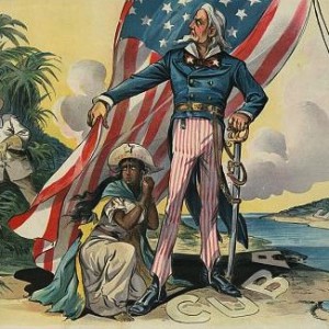 "Save me from my friends!"  Uncle Sam shelters Cuba, illustration from Puck, 1898.