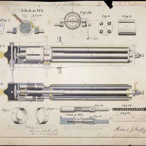 The Gatling Gun patent drawing (1865). The gun was patented on May 9, 1865, and was officially adopted by the U.S. Army on August 21, 1866. Courtesy of the National Archives.