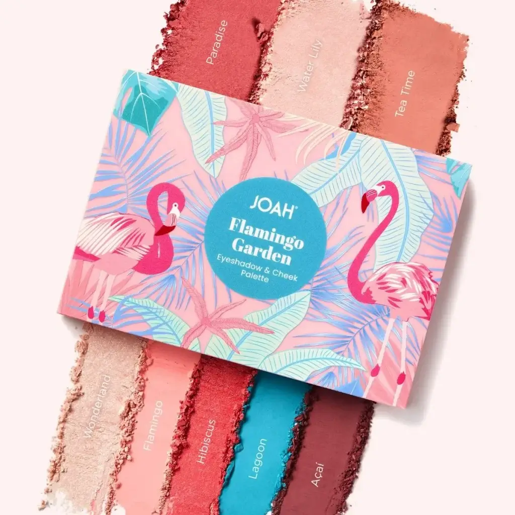 joah-flamingopalette-textureshadefinder | BEAUTIFY.TIPS JOAH K beauty brand showing off the color palette for their 'Flamingo Garden' collection. Perfect for the blue eyeshadow trend.