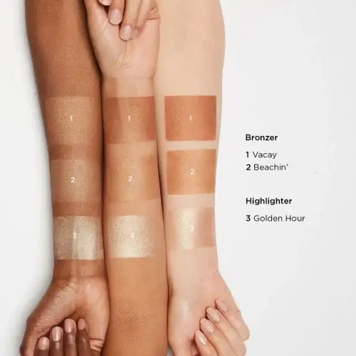 joah-sunseoulpalette-cts01_armswatch | BEAUTIFY.TIPS 3 arms in light, medium, and dark skin tones showing off how the JOAH brand bronzers and highlighter look on different toned skin.