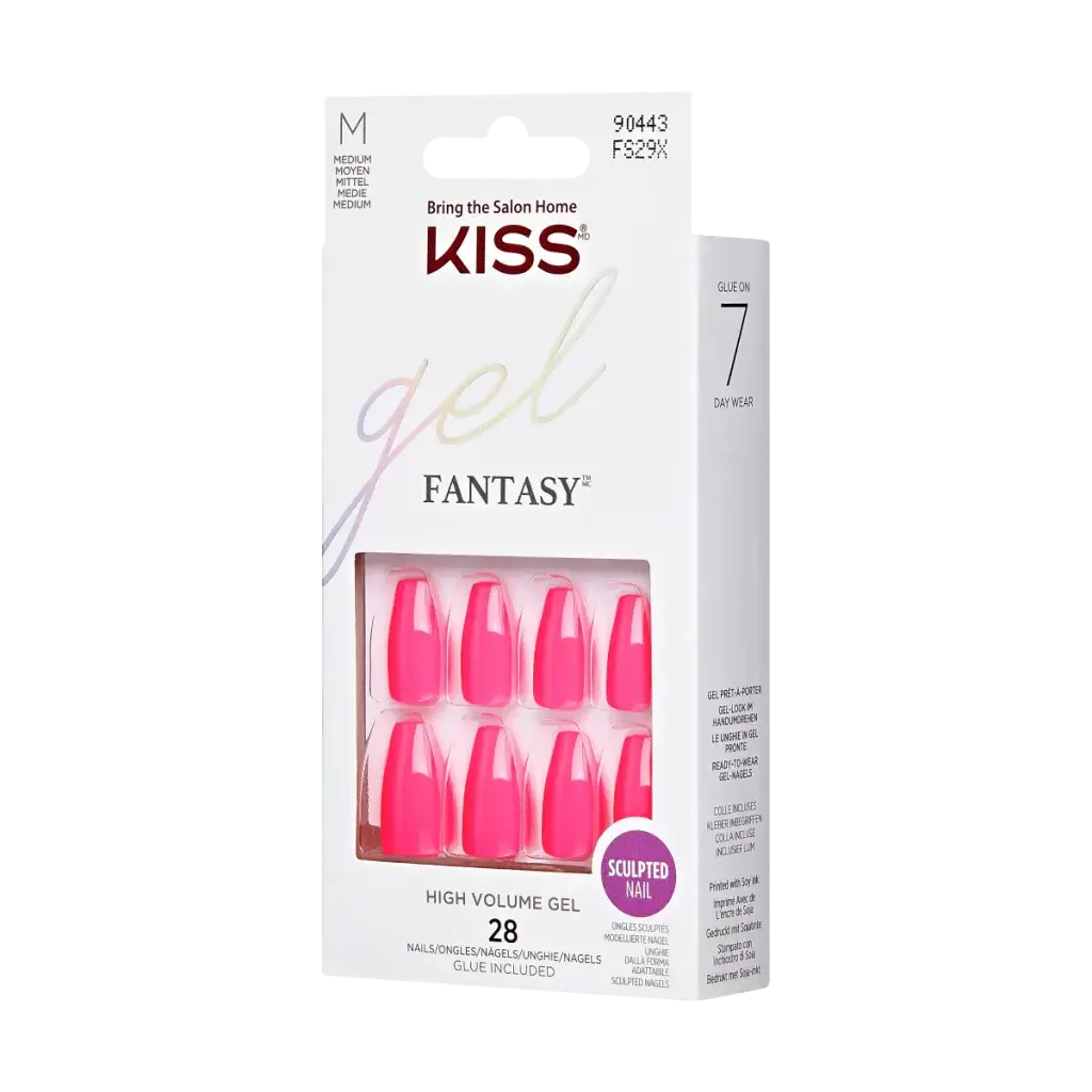 A box of kiss gel fantasy artificial nails in pink color and coffin shaped, containing 28 nails