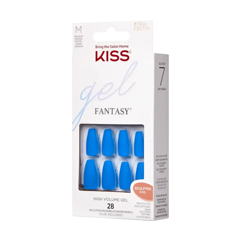 KISS brand nails from the Gel Fantasy collection in long coffin shapes and a bright blue color