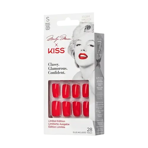 A package of bright red artificial nails in a square shape from the Marilyn Monroe collection by KISS