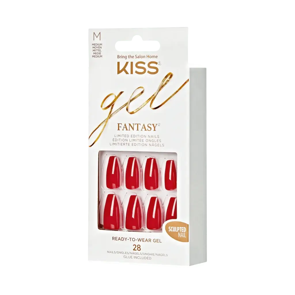 Package of kiss gel fantasy artificial nails in red, displaying 28 nails with glue included, ready-to-wear and sculpted.