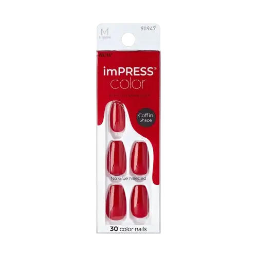 A package of impress press-on manicure nails in bright red color, coffin shape, labeled as "no glue needed," containing 30 nails.