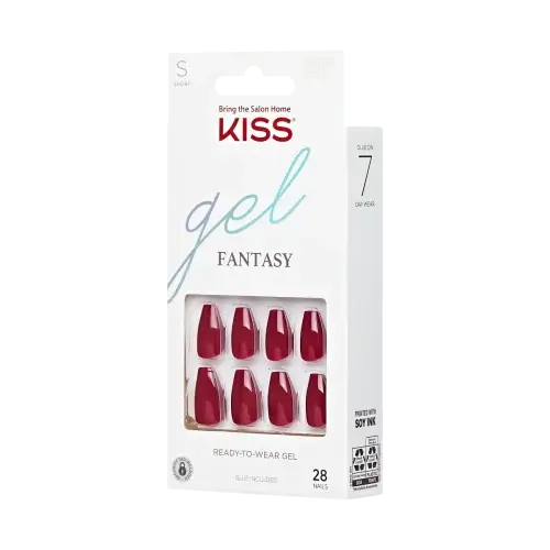 A box of KISS Gel Fantasy artificial nails in a short, squared off shape in a deep, shiny red color