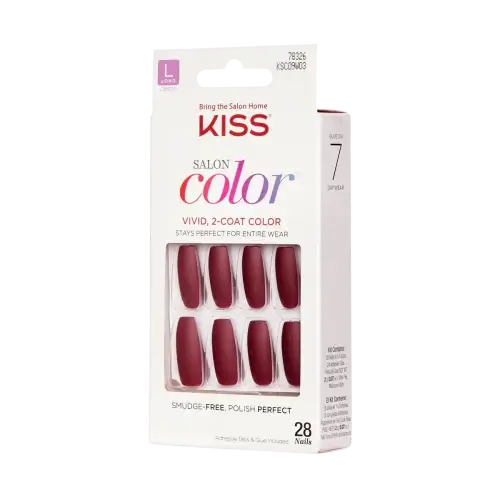 rain drop | BEAUTIFY.TIPS A box of KISS Salon Color collection artificial nails in a merlot color and long, coffin shapes