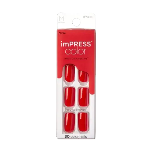 A package of imPRESS Color press-on nails in a square round shape and a bright red color