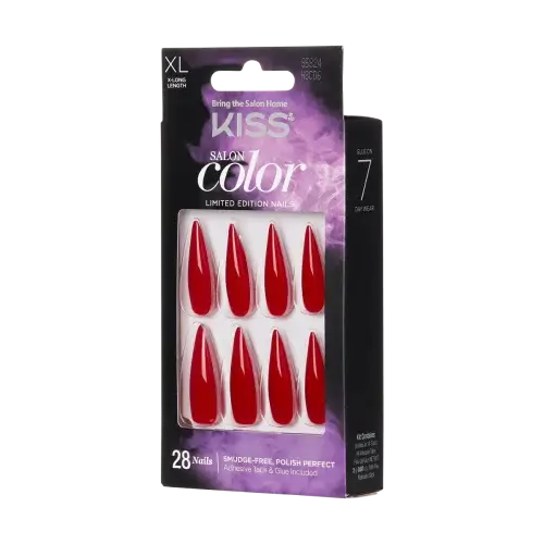 A package of KISS Salon Color limited edition nails in XL length and a vibrant red color