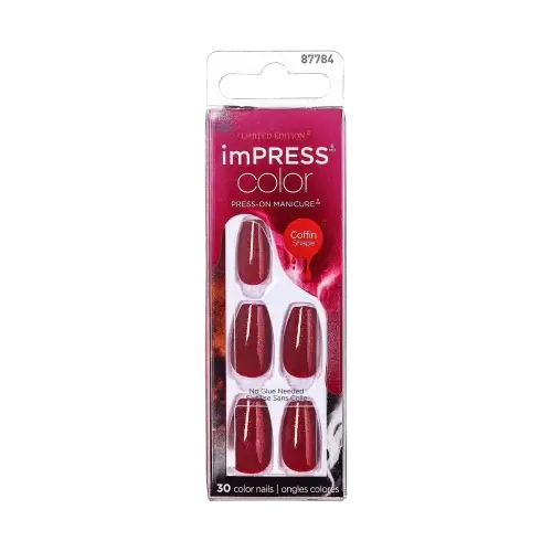 witcha | BEAUTIFY.TIPS Packaging of imPRESS Color press-on manicure set featuring 30 coffin-shaped nails in a deep red color with a gold shimmer