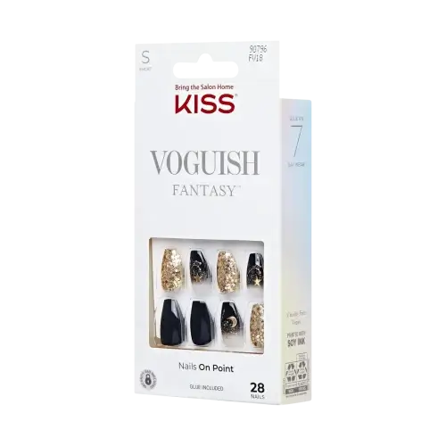 2023-09-15_1a2b3431-80f6-44b7-a094-9a0977834171 | BEAUTIFY.TIPS A box of KISS Voguish Fantasy false nails in the "Hush Rush" style, featuring black nails with gold glitter accents.