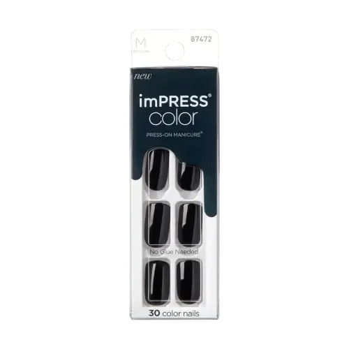 all black | BEAUTIFY.TIPS Packaging for imPRESS Color press on nails in medium square shape black color demonstrating the 'black nail theory'.