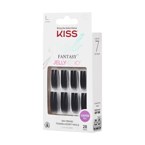 gelee | BEAUTIFY.TIPS Packaging for KISS Gel Fantasy long square shaped nails in glossy black demonstrating the 'black nail theory'.
