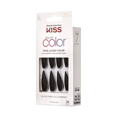 mummy | BEAUTIFY.TIPS Packaging for KISS Salon Color long matte black nails in 'Mummy' that demonstrates the 'black nail theory'.