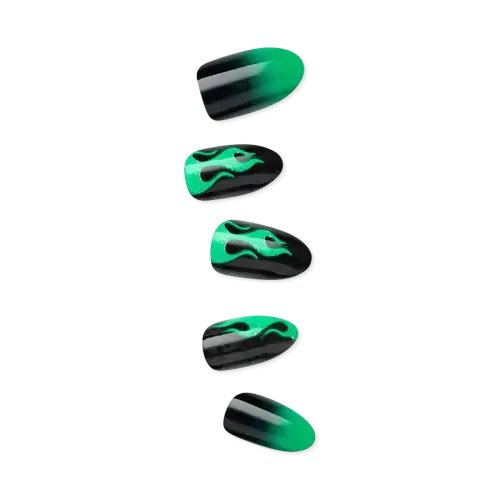 scared silly | BEAUTIFY.TIPS Medium black almond shaped nails with green flame designs, a twist on the 'black nail theory'.