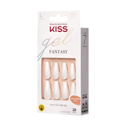 True color | BEAUTIFY.TIPS A package of KISS Gel Fantasy glue-on nails in a long coffin shape and shiny white color