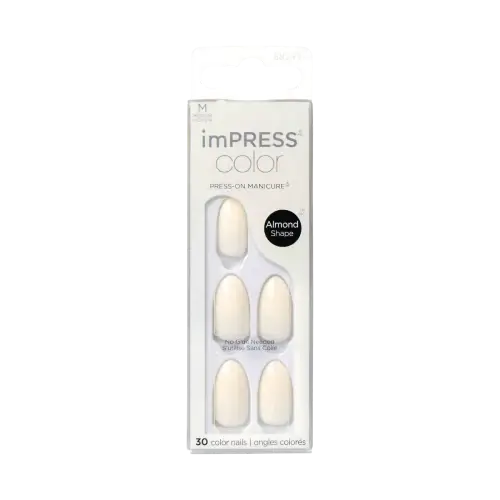 ballroom | BEAUTIFY.TIPS Packaging of impress color press-on nails in almond shape, displaying 30 milky white nails.