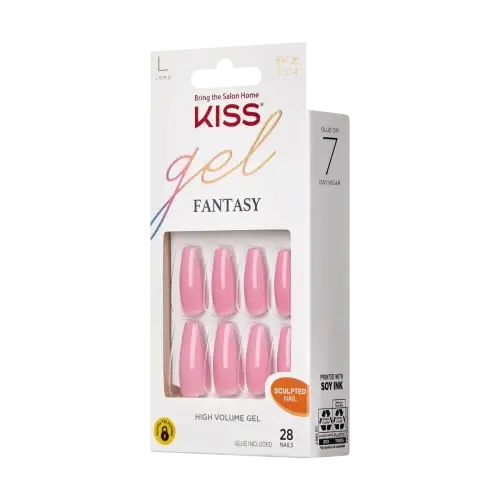 countless | BEAUTIFY.TIPS Packaging of KISS Salon Gel Fantasy artificial nails featuring 28 pink nails in a long coffin shape