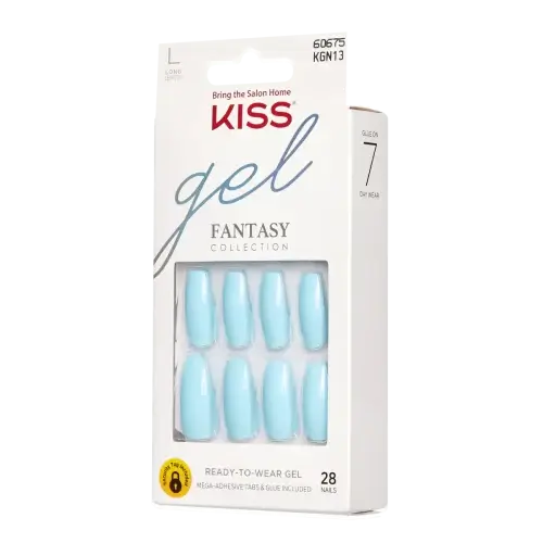 fresh air | BEAUTIFY.TIPS A package of KISS Gel Fantasy nails in a long coffin shape and light blue color