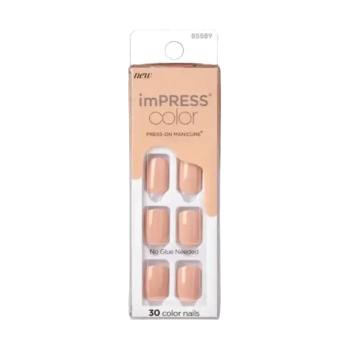 latte | BEAUTIFY.TIPS A package of imPRESS Color press-on manicure set in nude shade, displaying 30 nails with no glue needed.