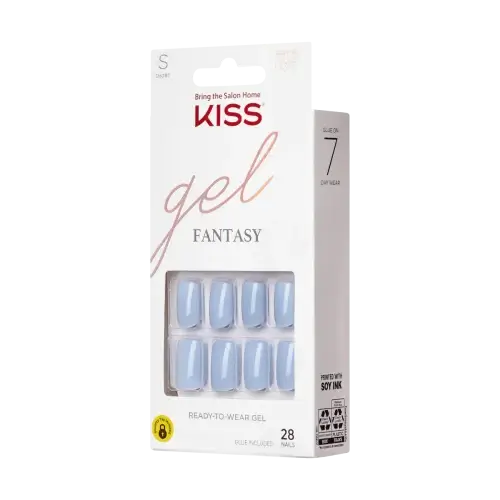 recipriacte | BEAUTIFY.TIPS A package of KISS Gel Fantasy glue-on nails in a short squoval shape and periwinkle color