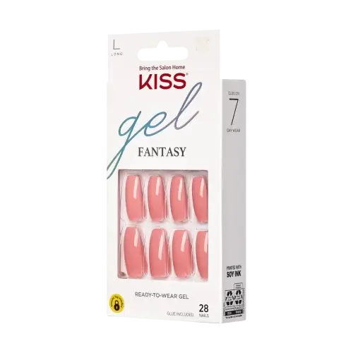 urbane | BEAUTIFY.TIPS A package of KISS Gel Fantasy artificial nails in long coffin shapes and a peachy nude color