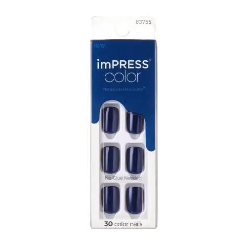 2023-09-07_d69f3ecf-60a4-411d-ae6e-8953646d253e | BEAUTIFY.TIPS A package of impress color press-on nails in a deep blue shade.