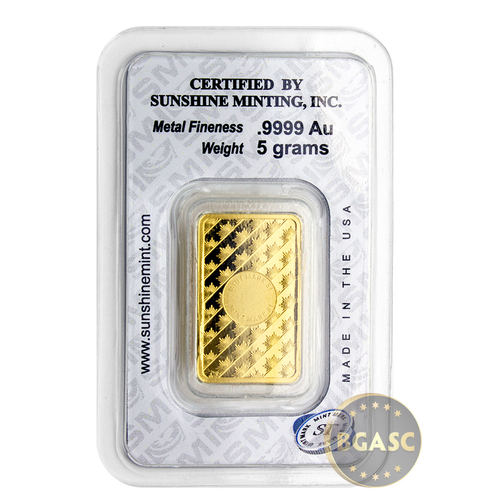 Buy 5 gram Gold Bar Sunshine Minting .9999 Fine 24kt (in Assay