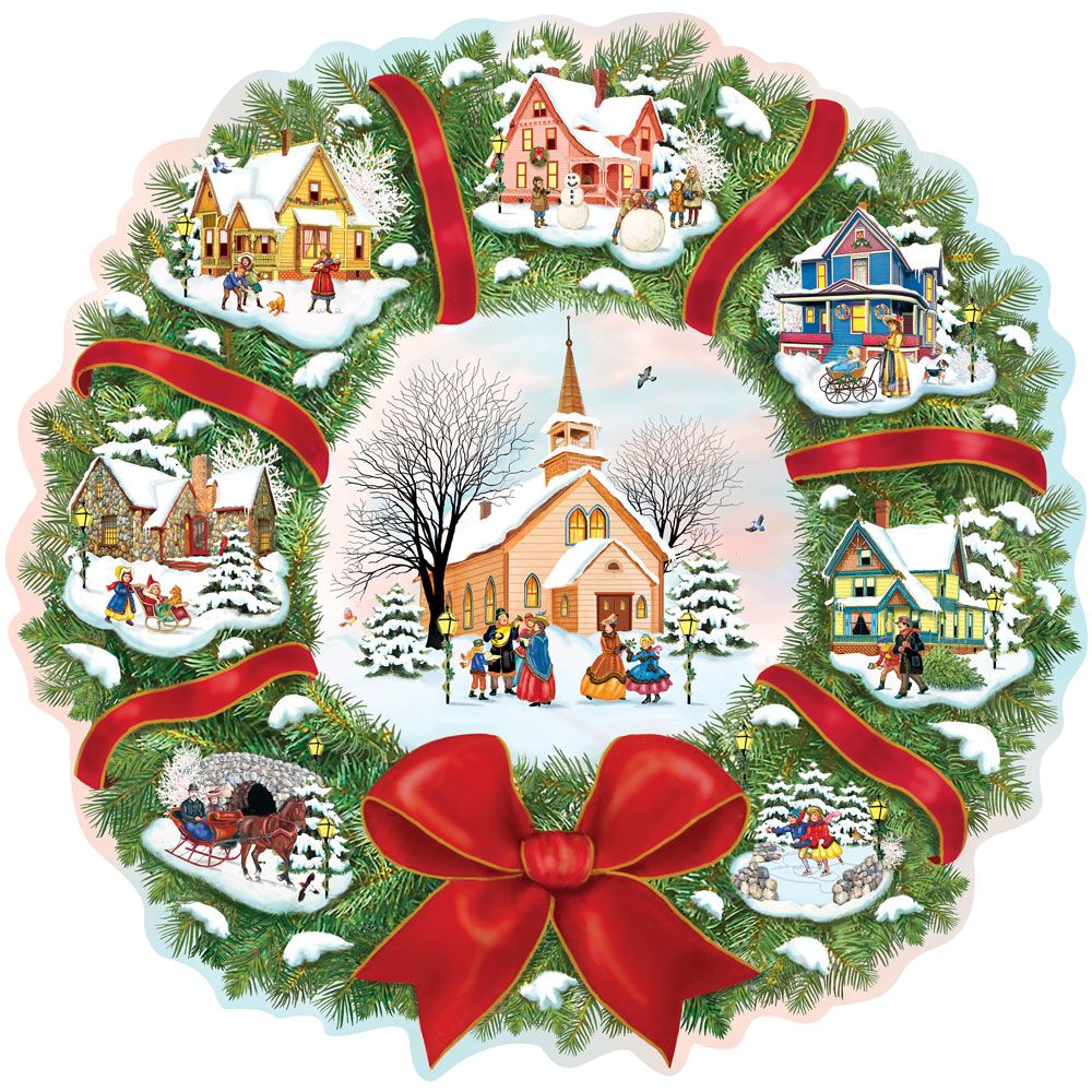 Christmas Village Wreath 750 Pieces Shaped Jigsaw Puzzle Bits and Pieces