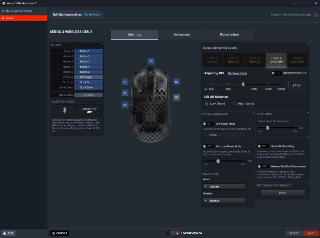 SteelSeries Engine settings for SteelSeries Aerox 3 Wireless Gen 2