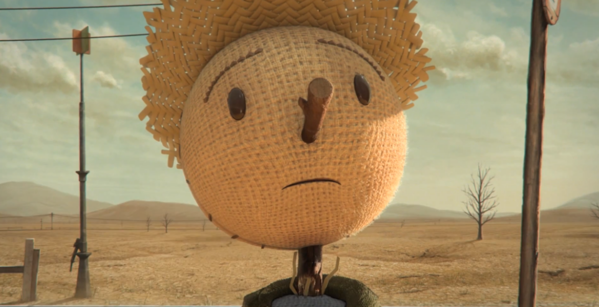 Espantapájaros con expresión triste en un campo seco, símbolo de la agricultura sostenible y la necesidad de cultivar un mundo mejor.